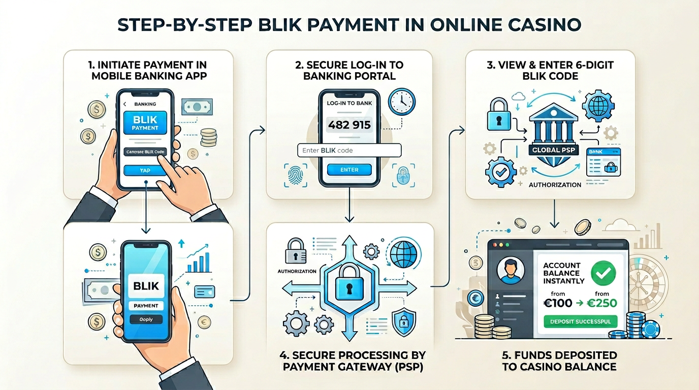 Infografika przedstawiająca proces płatności BLIK w kasynie online przez bramkę płatniczą
