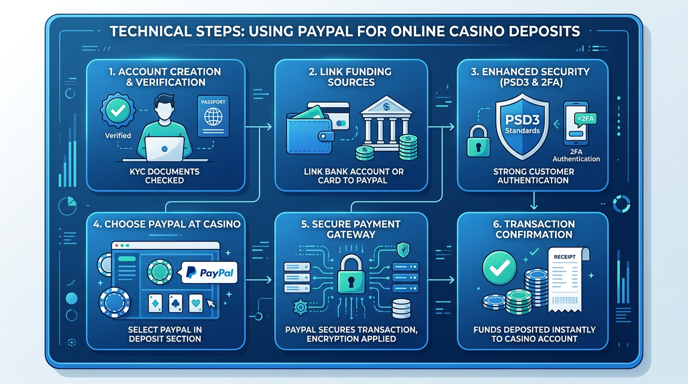 Infografika techniczna procesu płatności PayPal w kasynie online