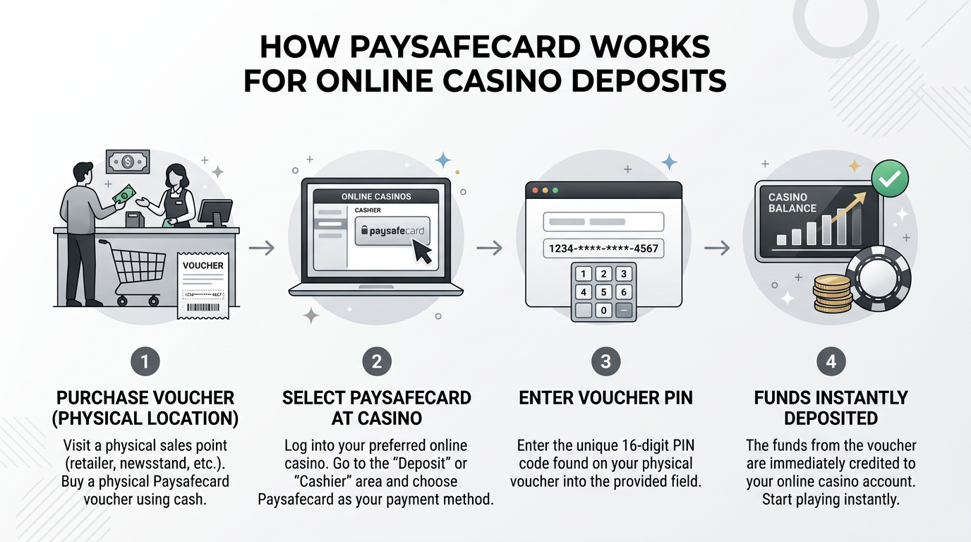 Infografika przedstawiająca proces płatności Paysafecard w kasynie online