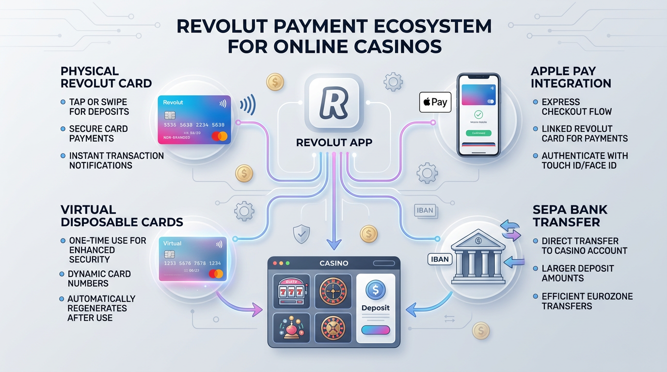 Infografika przedstawiająca ekosystem płatności Revolut w kasynach online