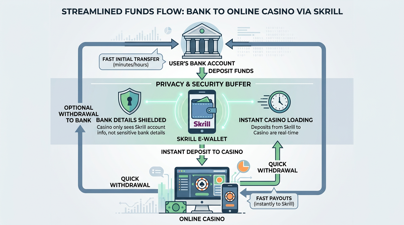 Infografika przedstawiająca przepływ środków i prywatność przy użyciu portfela Skrill w kasynie online