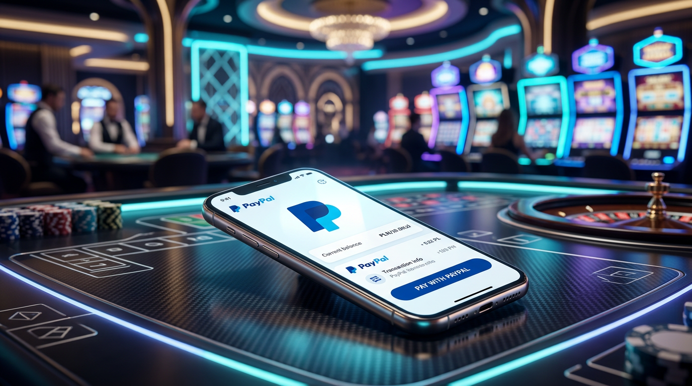 Futuristic smartphone with PayPal wallet in a high-tech casino environment